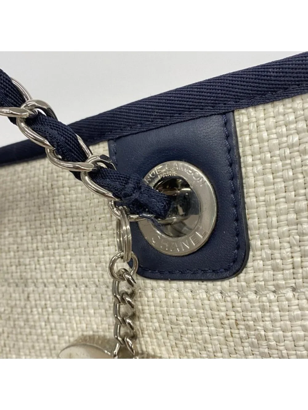 Chanel Chain Tote Deauville Straw Ivory Navy Silver